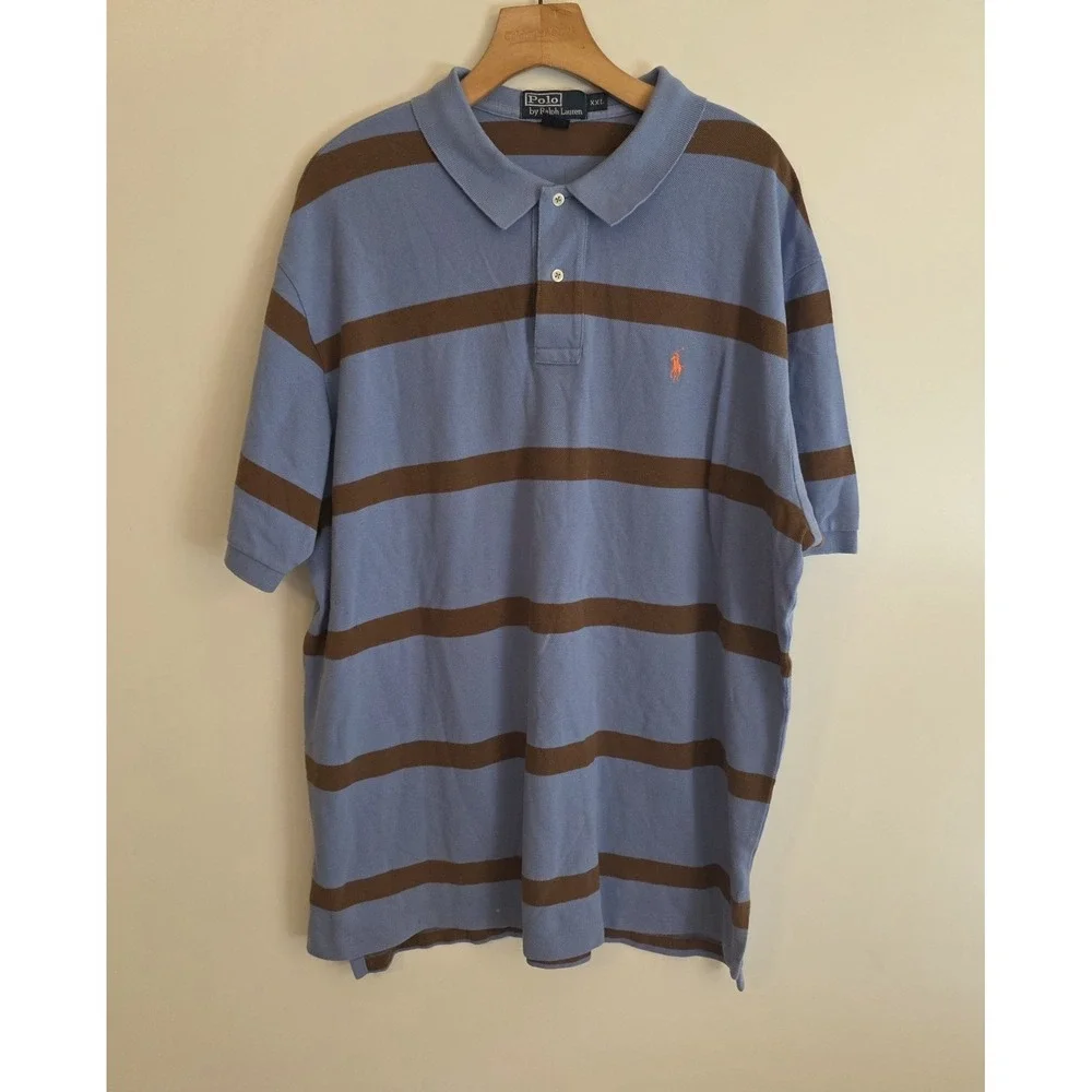 Vintage Polo Ralph Lauren Polo Shirt Blue Brown Striped Short Sleeve Mens 2XL